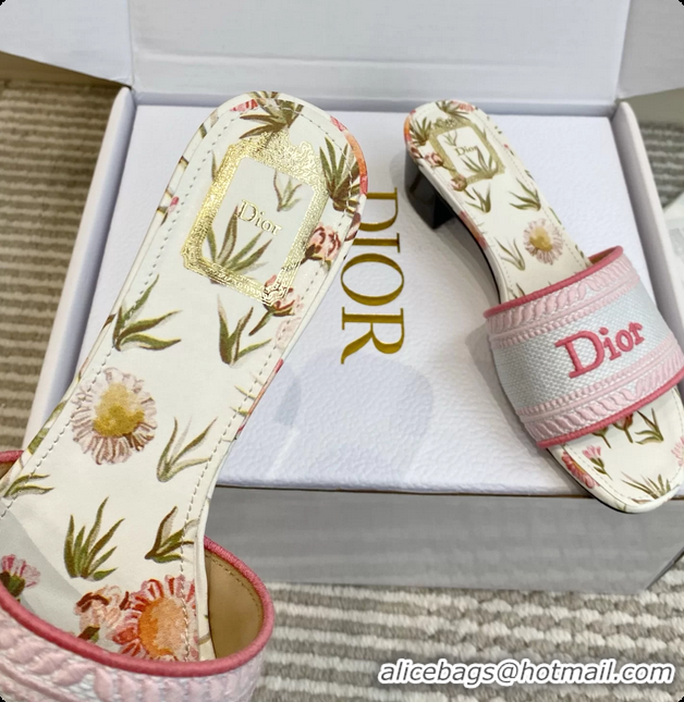Shop Duplicate Dior Dway Heeled Slides Sandals White and Songe Pink Embroidered Cotton and Multicolor Daisy Garden 60628