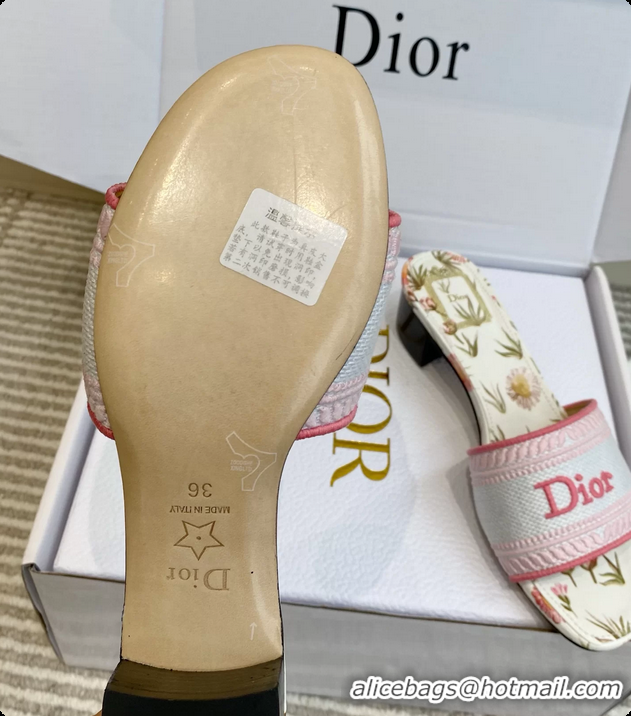 Shop Duplicate Dior Dway Heeled Slides Sandals White and Songe Pink Embroidered Cotton and Multicolor Daisy Garden 60628