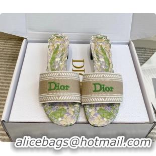Unique Discount Dior Dway Heeled Slides Sandals Gray Green Embroidered Cotton and Multicolor Daisy Garden 6062804