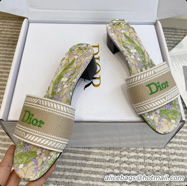 Unique Discount Dior Dway Heeled Slides Sandals Gray Green Embroidered Cotton and Multicolor Daisy Garden 6062804