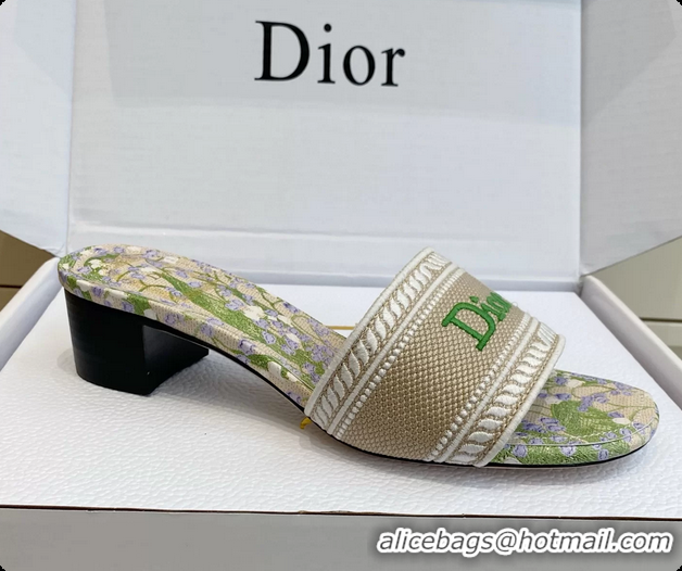 Unique Discount Dior Dway Heeled Slides Sandals Gray Green Embroidered Cotton and Multicolor Daisy Garden 6062804