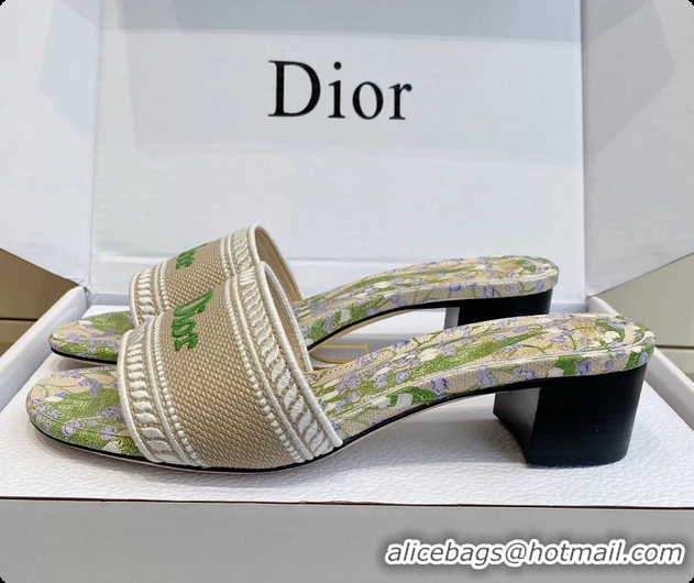 Unique Discount Dior Dway Heeled Slides Sandals Gray Green Embroidered Cotton and Multicolor Daisy Garden 6062804