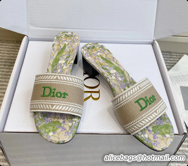 Unique Discount Dior Dway Heeled Slides Sandals Gray Green Embroidered Cotton and Multicolor Daisy Garden 6062804