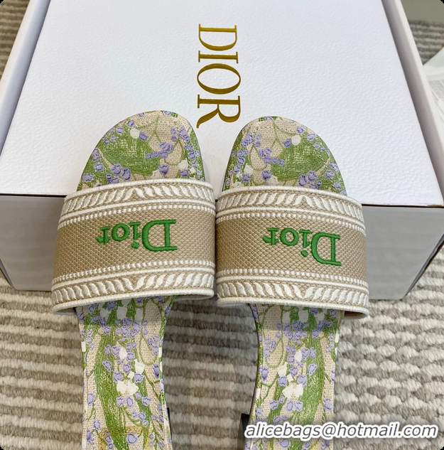 Unique Discount Dior Dway Heeled Slides Sandals Gray Green Embroidered Cotton and Multicolor Daisy Garden 6062804