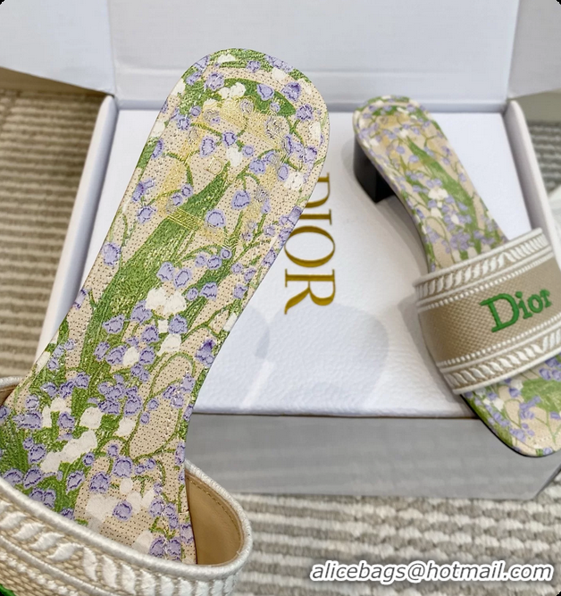 Unique Discount Dior Dway Heeled Slides Sandals Gray Green Embroidered Cotton and Multicolor Daisy Garden 6062804