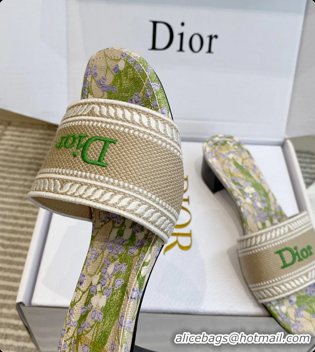 Unique Discount Dior Dway Heeled Slides Sandals Gray Green Embroidered Cotton and Multicolor Daisy Garden 6062804