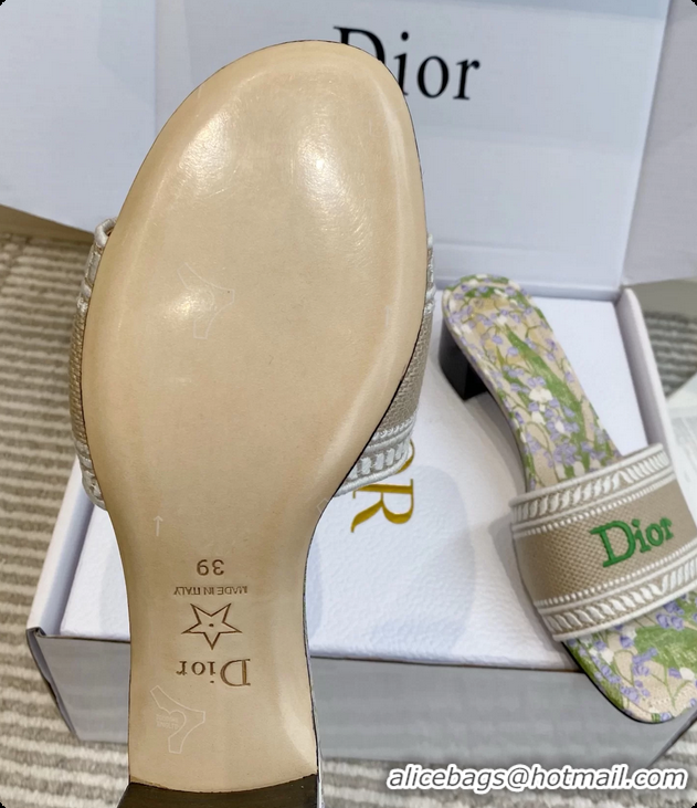 Unique Discount Dior Dway Heeled Slides Sandals Gray Green Embroidered Cotton and Multicolor Daisy Garden 6062804