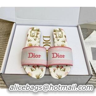 Popular Style Dior Dway Flats Slides Sandals Pink White Embroidered Cotton and Multicolor Daisy Garden 6062804