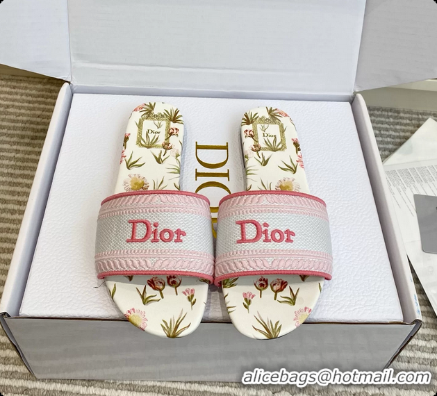 Popular Style Dior Dway Flats Slides Sandals Pink White Embroidered Cotton and Multicolor Daisy Garden 6062804