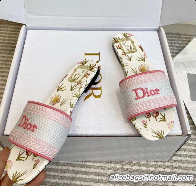 Popular Style Dior Dway Flats Slides Sandals Pink White Embroidered Cotton and Multicolor Daisy Garden 6062804