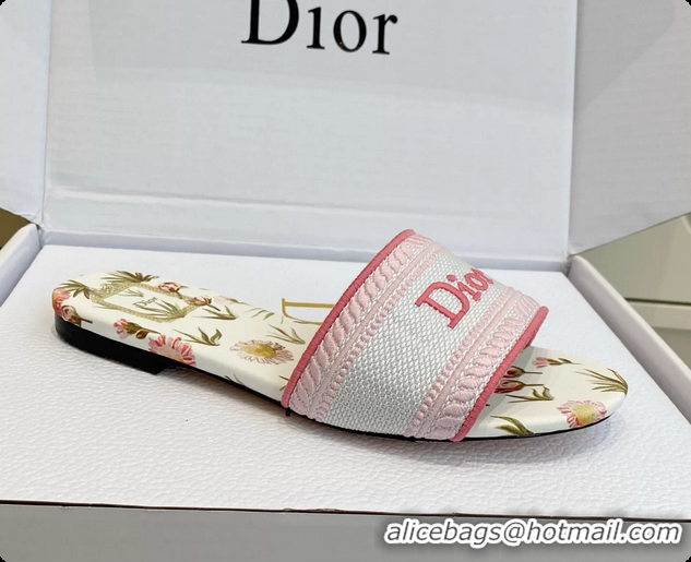 Popular Style Dior Dway Flats Slides Sandals Pink White Embroidered Cotton and Multicolor Daisy Garden 6062804