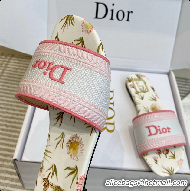 Popular Style Dior Dway Flats Slides Sandals Pink White Embroidered Cotton and Multicolor Daisy Garden 6062804