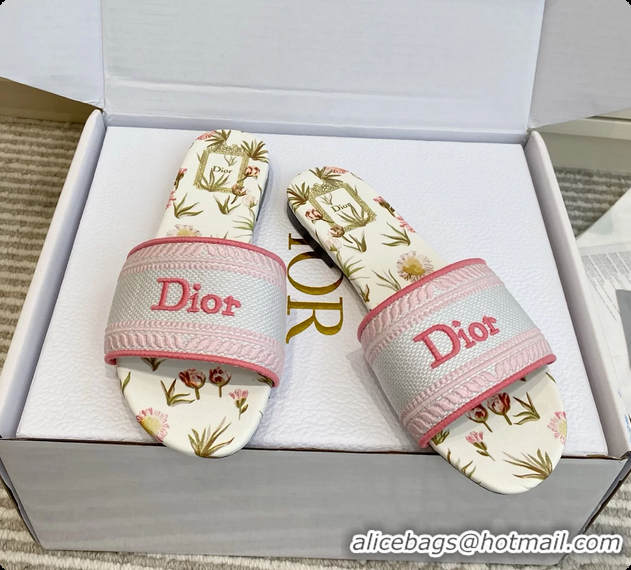 Popular Style Dior Dway Flats Slides Sandals Pink White Embroidered Cotton and Multicolor Daisy Garden 6062804