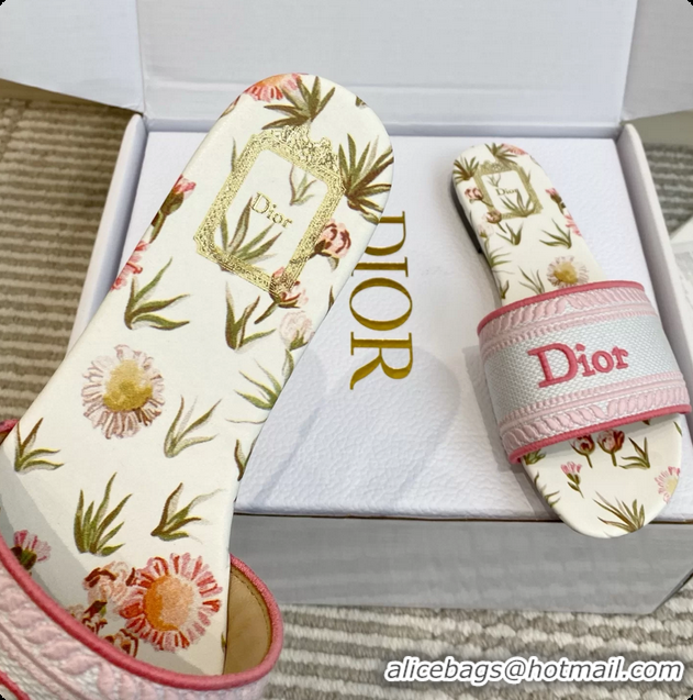 Popular Style Dior Dway Flats Slides Sandals Pink White Embroidered Cotton and Multicolor Daisy Garden 6062804