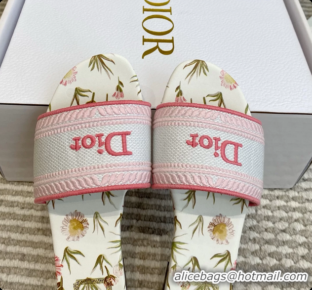 Popular Style Dior Dway Flats Slides Sandals Pink White Embroidered Cotton and Multicolor Daisy Garden 6062804