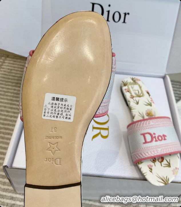 Popular Style Dior Dway Flats Slides Sandals Pink White Embroidered Cotton and Multicolor Daisy Garden 6062804