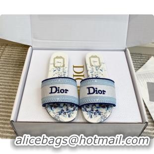 Top Design Dior Dway Flats Slides Sandals Blue White Embroidered Cotton and Multicolor Daisy Garden 6062804