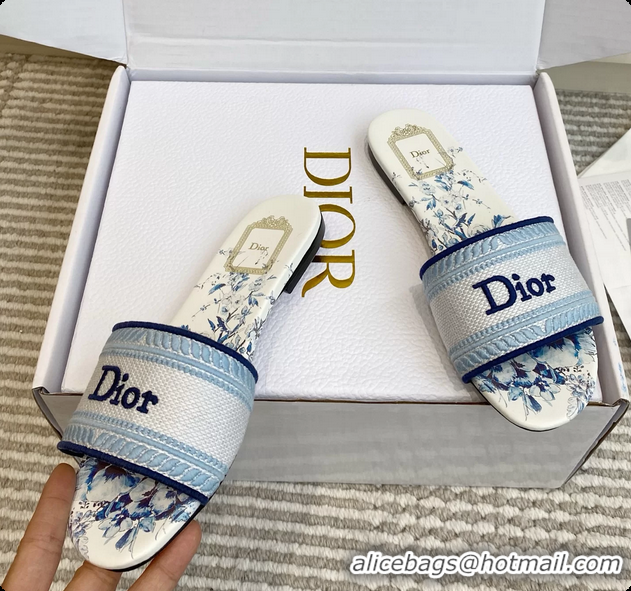 Top Design Dior Dway Flats Slides Sandals Blue White Embroidered Cotton and Multicolor Daisy Garden 6062804