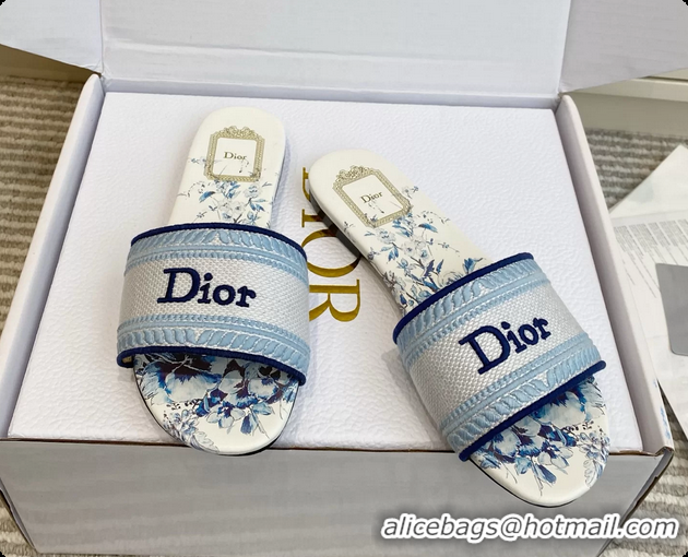 Top Design Dior Dway Flats Slides Sandals Blue White Embroidered Cotton and Multicolor Daisy Garden 6062804