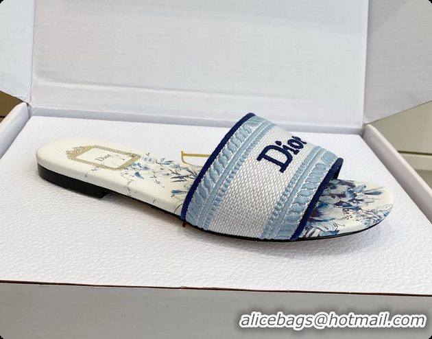 Top Design Dior Dway Flats Slides Sandals Blue White Embroidered Cotton and Multicolor Daisy Garden 6062804