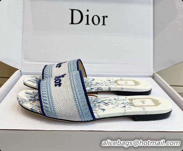 Top Design Dior Dway Flats Slides Sandals Blue White Embroidered Cotton and Multicolor Daisy Garden 6062804
