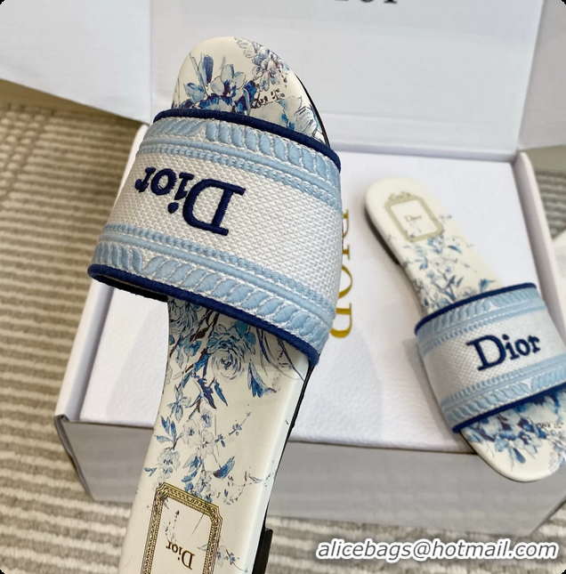 Top Design Dior Dway Flats Slides Sandals Blue White Embroidered Cotton and Multicolor Daisy Garden 6062804