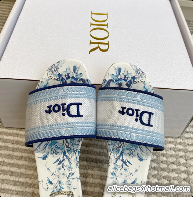 Top Design Dior Dway Flats Slides Sandals Blue White Embroidered Cotton and Multicolor Daisy Garden 6062804