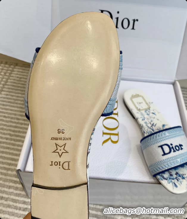 Top Design Dior Dway Flats Slides Sandals Blue White Embroidered Cotton and Multicolor Daisy Garden 6062804