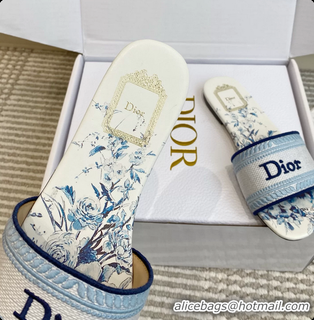 Top Design Dior Dway Flats Slides Sandals Blue White Embroidered Cotton and Multicolor Daisy Garden 6062804
