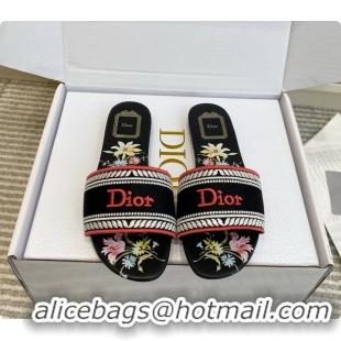Cheap Price Dior Dway Flats Slides Sandals Black Embroidered Cotton and Multicolor Daisy Garden 6062804