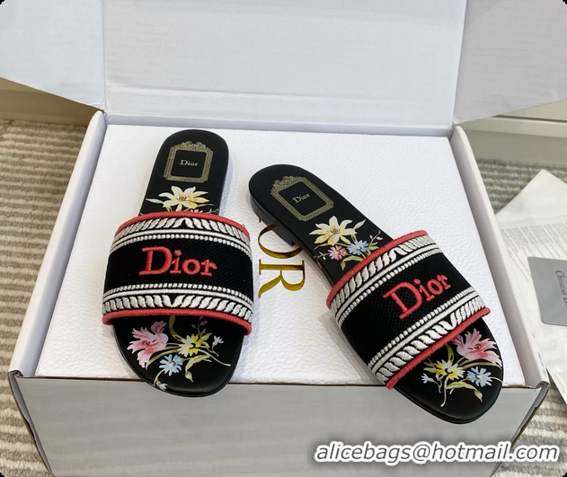 Cheap Price Dior Dway Flats Slides Sandals Black Embroidered Cotton and Multicolor Daisy Garden 6062804