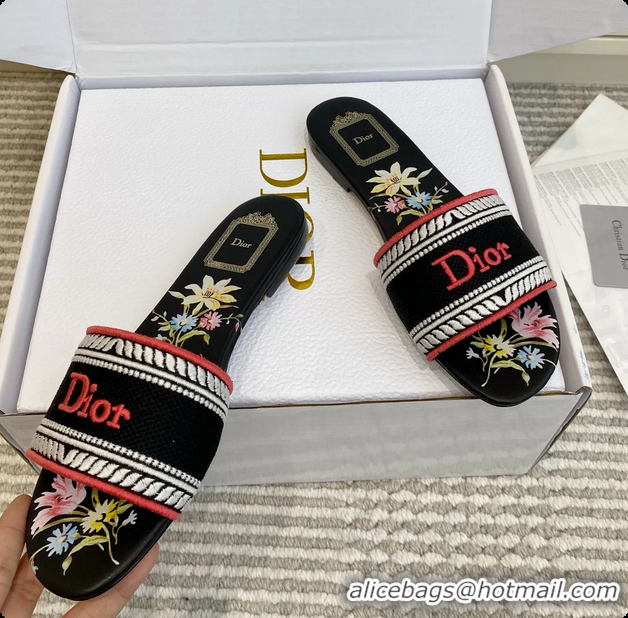 Cheap Price Dior Dway Flats Slides Sandals Black Embroidered Cotton and Multicolor Daisy Garden 6062804