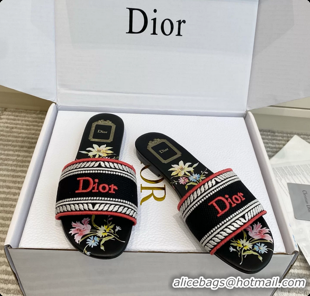 Cheap Price Dior Dway Flats Slides Sandals Black Embroidered Cotton and Multicolor Daisy Garden 6062804