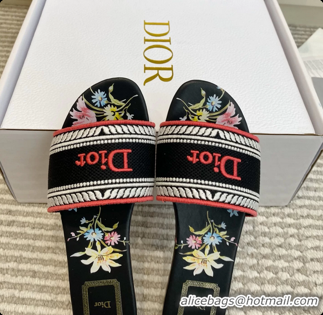 Cheap Price Dior Dway Flats Slides Sandals Black Embroidered Cotton and Multicolor Daisy Garden 6062804