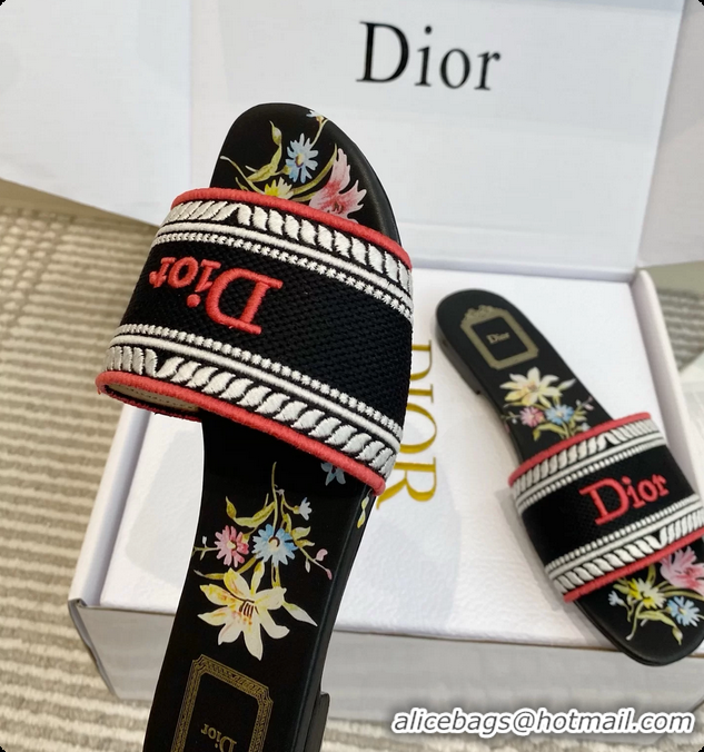 Cheap Price Dior Dway Flats Slides Sandals Black Embroidered Cotton and Multicolor Daisy Garden 6062804
