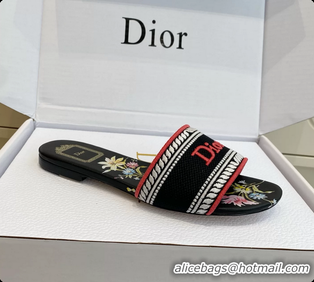 Cheap Price Dior Dway Flats Slides Sandals Black Embroidered Cotton and Multicolor Daisy Garden 6062804