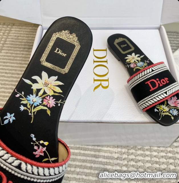 Cheap Price Dior Dway Flats Slides Sandals Black Embroidered Cotton and Multicolor Daisy Garden 6062804