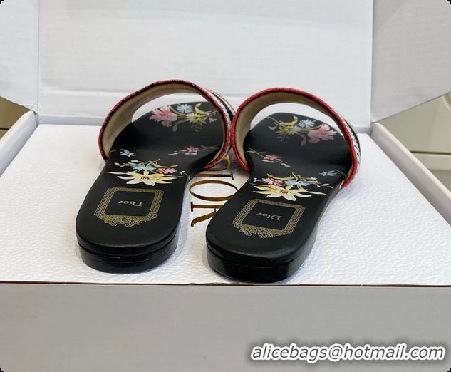 Cheap Price Dior Dway Flats Slides Sandals Black Embroidered Cotton and Multicolor Daisy Garden 6062804