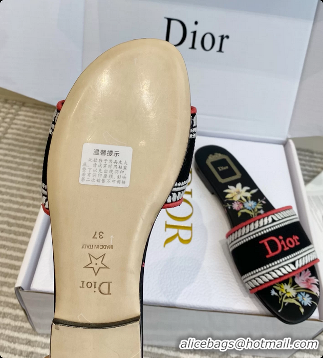 Cheap Price Dior Dway Flats Slides Sandals Black Embroidered Cotton and Multicolor Daisy Garden 6062804