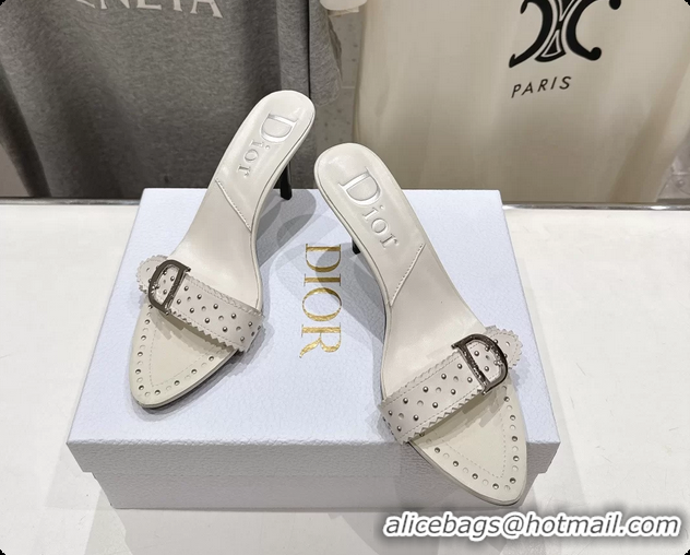 Sumptuous Dior Studded White Leather High Heeled Slides Sandals 85MM 6062806