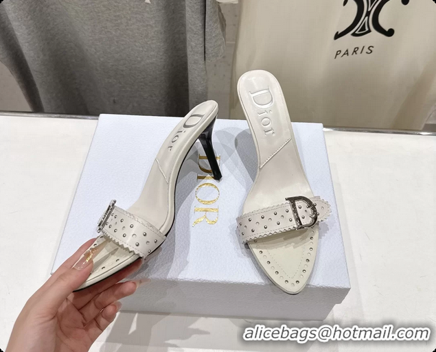 Sumptuous Dior Studded White Leather High Heeled Slides Sandals 85MM 6062806