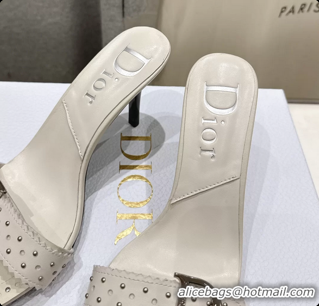 Sumptuous Dior Studded White Leather High Heeled Slides Sandals 85MM 6062806