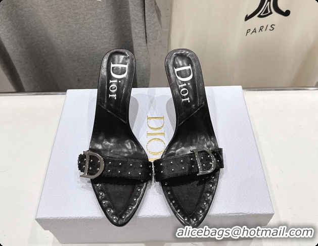 Stylish Dior Studded Black Leather High Heeled Slides Sandals 85MM 6062806