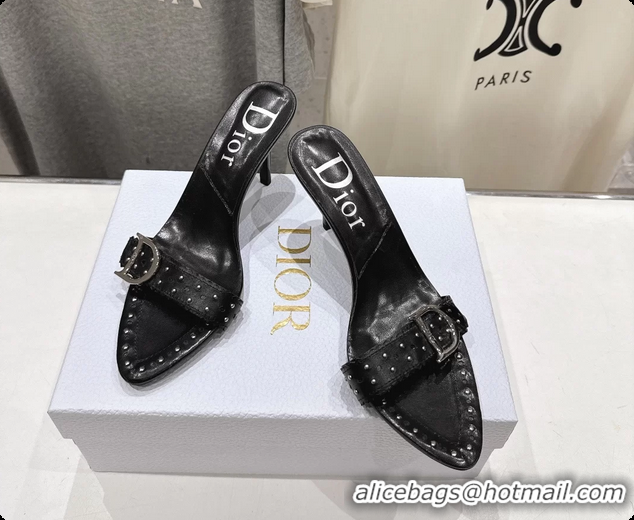 Stylish Dior Studded Black Leather High Heeled Slides Sandals 85MM 6062806