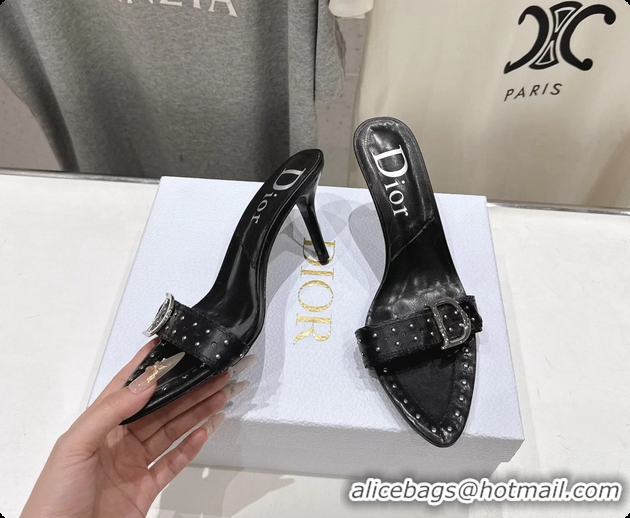 Stylish Dior Studded Black Leather High Heeled Slides Sandals 85MM 6062806