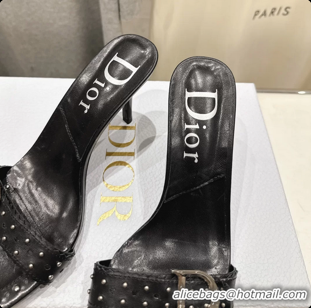 Stylish Dior Studded Black Leather High Heeled Slides Sandals 85MM 6062806