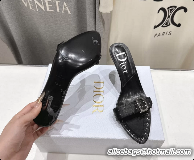 Stylish Dior Studded Black Leather High Heeled Slides Sandals 85MM 6062806
