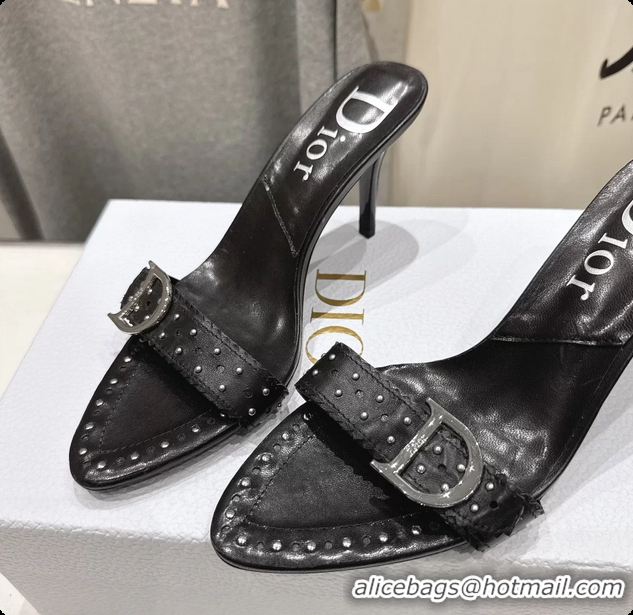 Stylish Dior Studded Black Leather High Heeled Slides Sandals 85MM 6062806