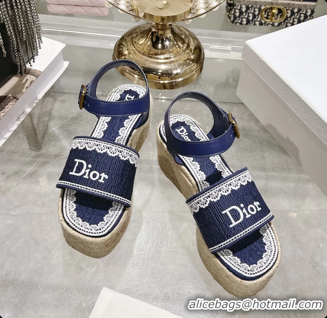 Sophisticated Dior Dentelle Wedge Sandal Navy Blue Dior Oblique Embroidered Cotton and White Lace 6062807