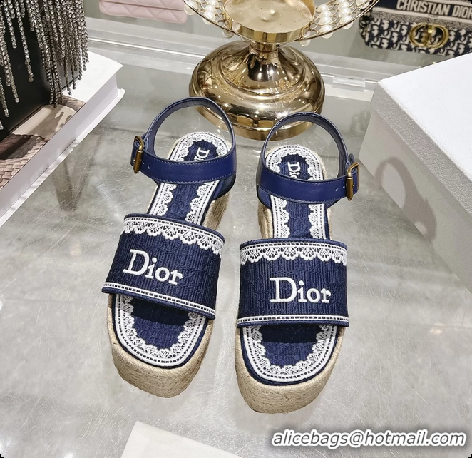 Sophisticated Dior Dentelle Wedge Sandal Navy Blue Dior Oblique Embroidered Cotton and White Lace 6062807